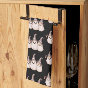 Three Ghosts Grey Witch's Hats Pattern Halloween Kitchen Towel