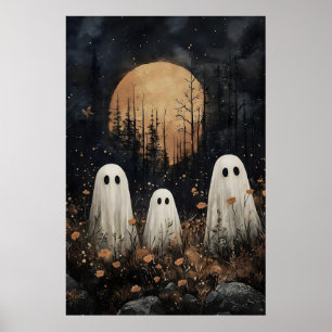 Three ghosts in field with flower, dark academia poster