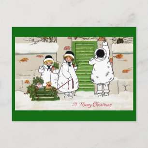 Three Girls and Pig in Sled Vintage Christmas Holiday Postcard