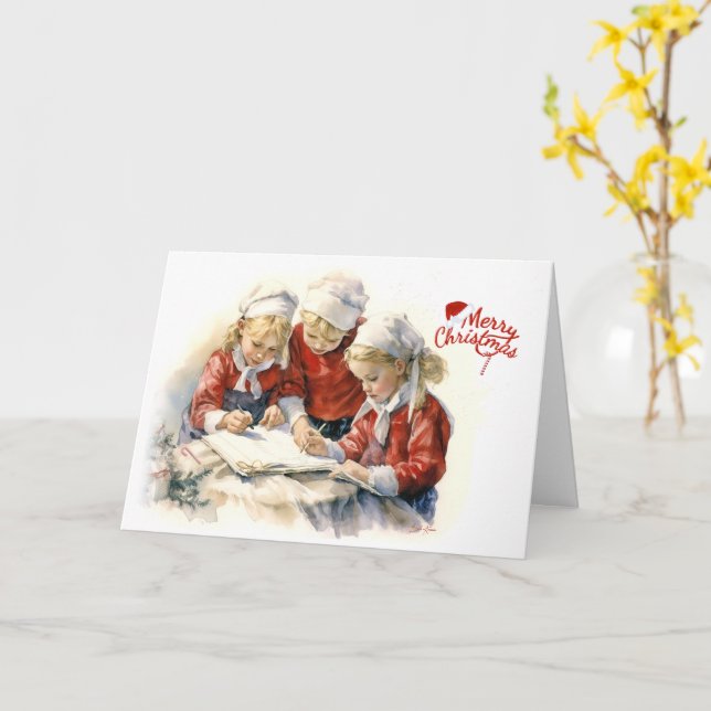 Three Girls Letter To Santa At Christmas Card (Yellow Flower)