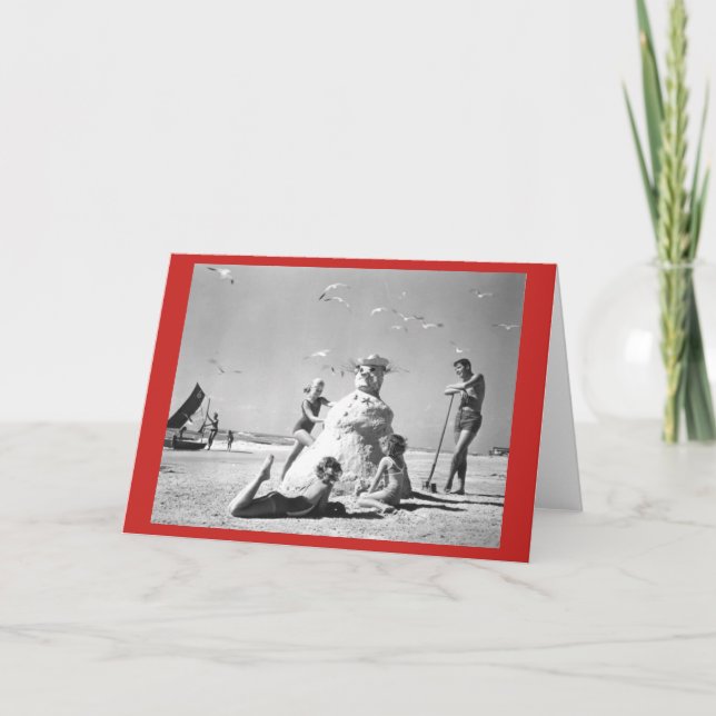 Three Girls Making A Snowman at the Beach Card (Front)
