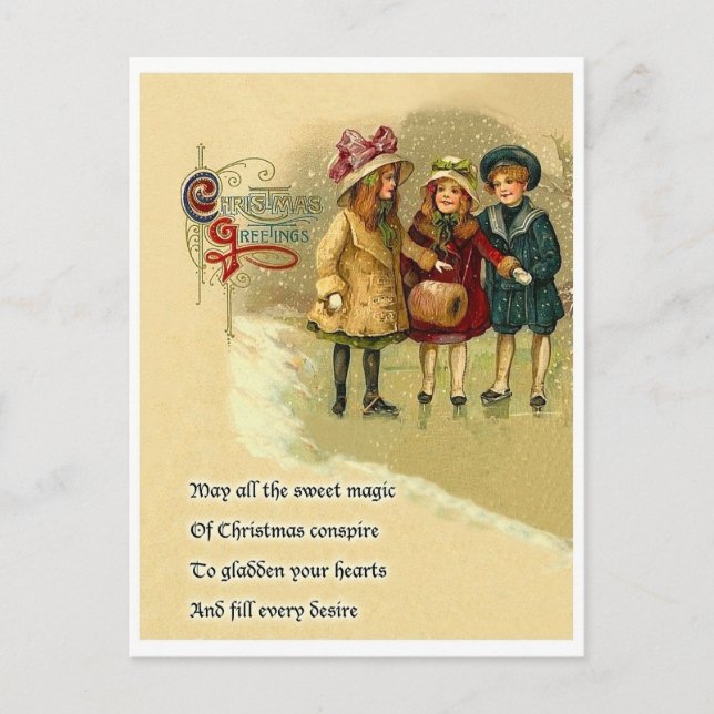Three girls on snow, Christmas greeting with poem Postcard (Front)