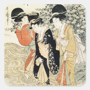 Three girls paddling in a river, from the 'Fashion Square Sticker