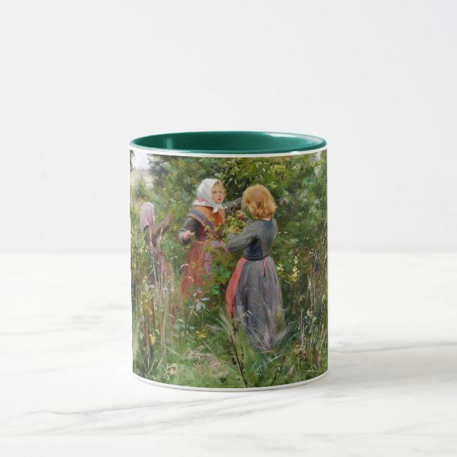 Three Girls Picking Blackberries (by Brendekilde) Mug (Center)