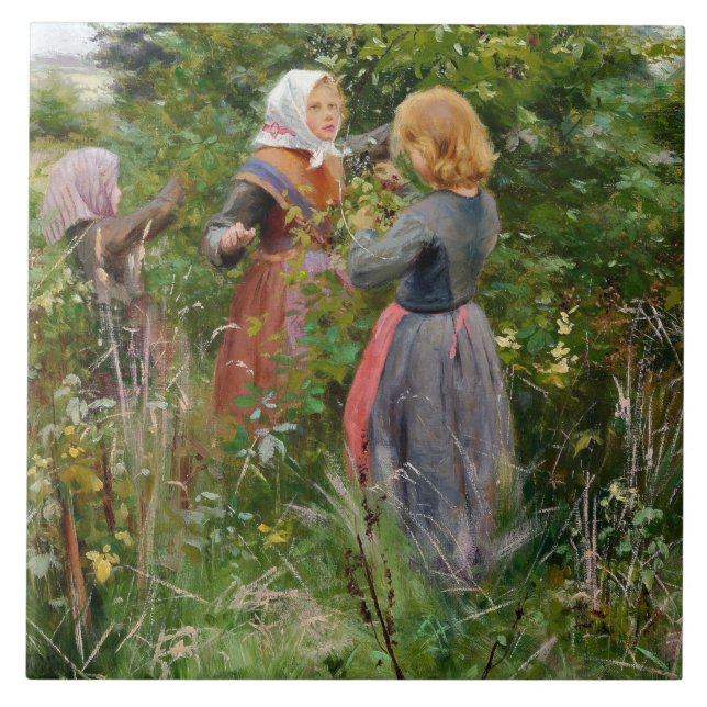 Three Girls Picking Blackberries (by Brendekilde) Tile (Front)