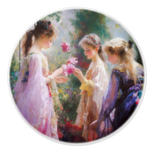 Three girls playing in a garden ceramic knob