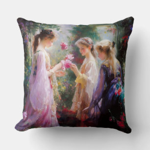 Three girls playing in a garden  throw pillow