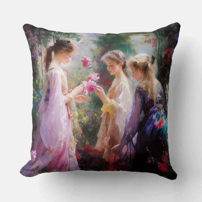 Three girls playing in a garden  throw pillow (Front)
