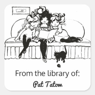 Three Girls Reading With a Cat Bookplate Square Sticker