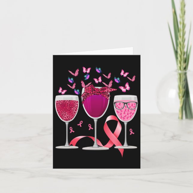 Three Gl Wine Breast Cancer Awareness Pink Ribbon  Card (Front)