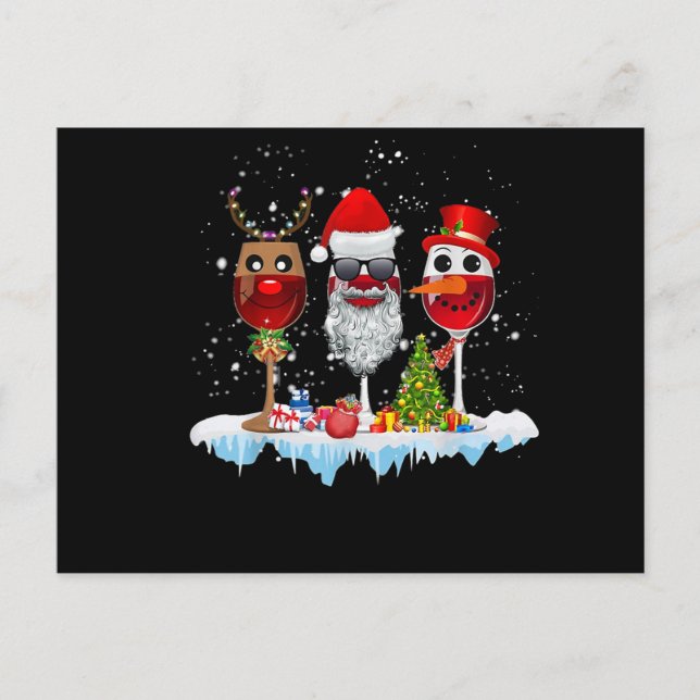 Three Glasses Of Wine Christmas Lights Santa Hat x Invitation Postcard (Front)