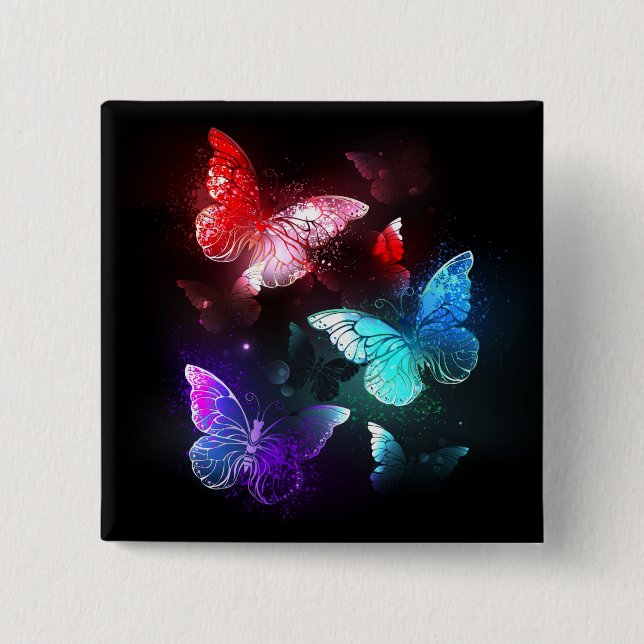 Three Glowing Butterflies on night background 2 Inch Square Button (Front)