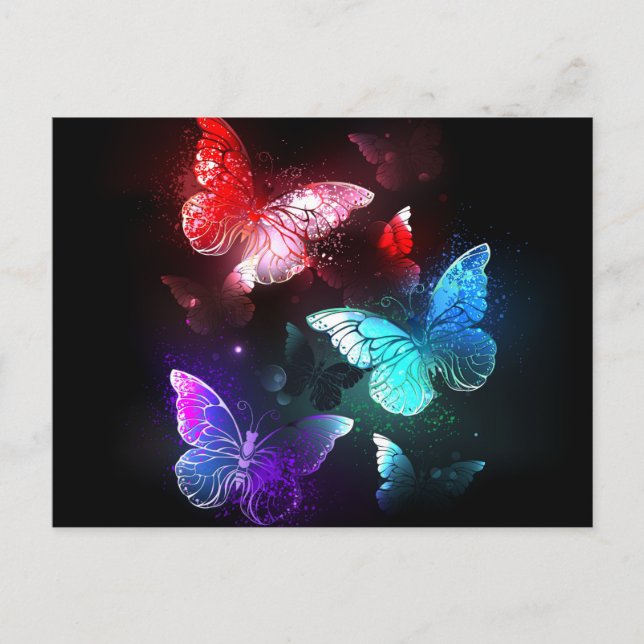 Three Glowing Butterflies on night background Announcement Postcard (Front)