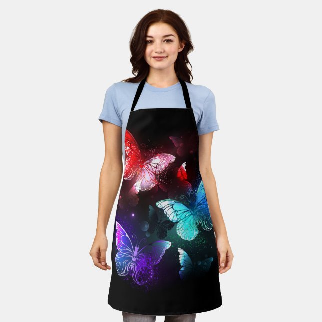 Three Glowing Butterflies on night background Apron (Worn)