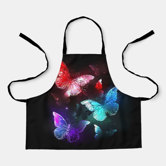 Three Glowing Butterflies on night background Apron (Front)
