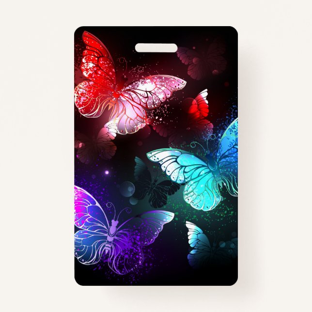 Three Glowing Butterflies on night background Badge (Front)