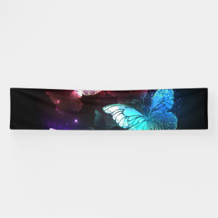 Three Glowing Butterflies on night background Banner