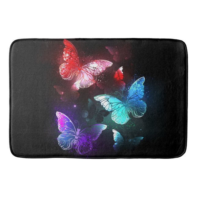Three Glowing Butterflies on night background Bath Mat (Front)