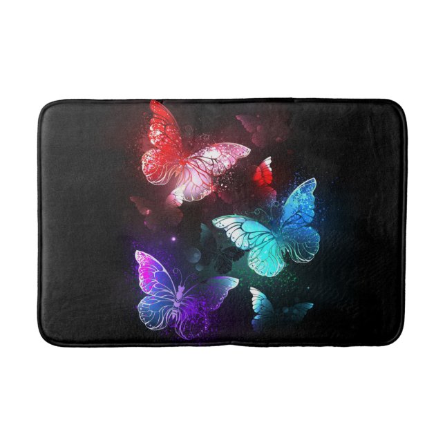 Three Glowing Butterflies on night background Bath Mat (Front)