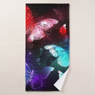 Three Glowing Butterflies on night background Bath Towel
