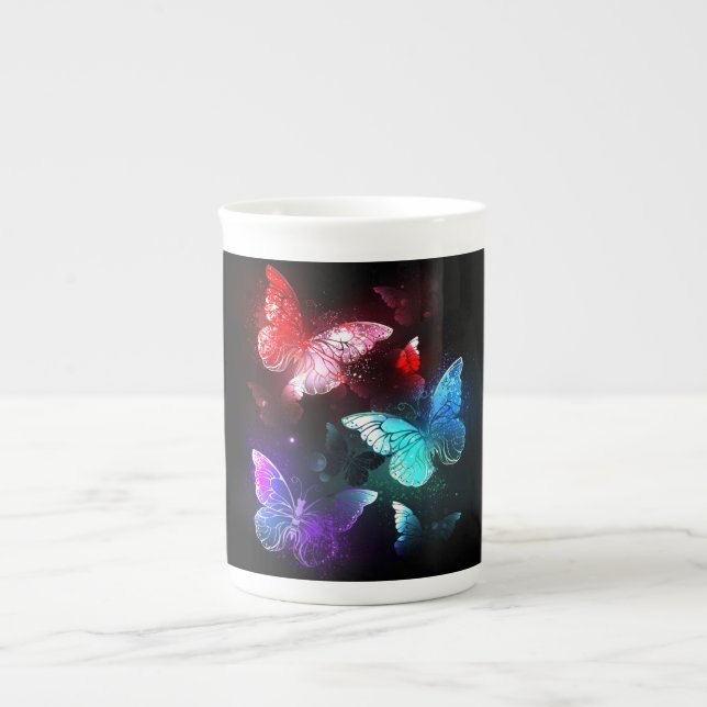 Three Glowing Butterflies on night background Bone China Mug (Front)