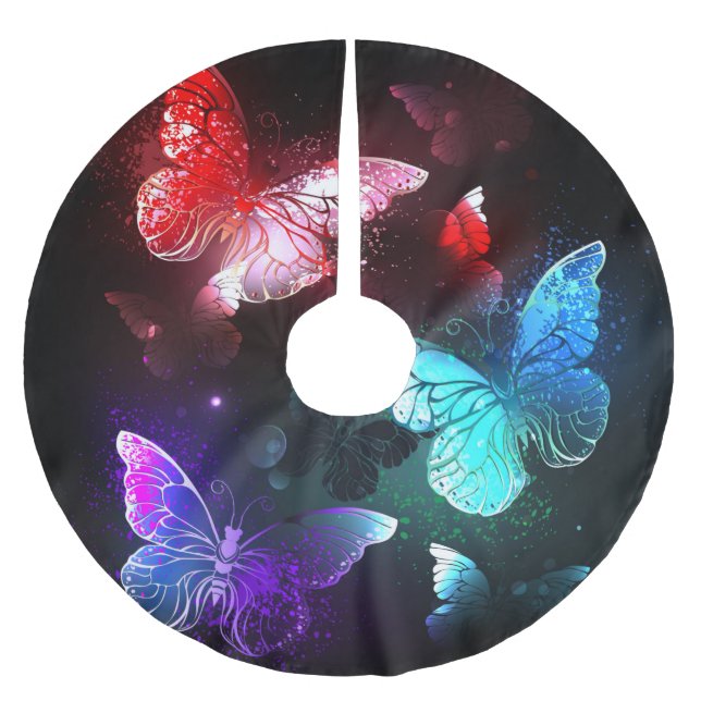 Three Glowing Butterflies on night background Brushed Polyester Tree Skirt (Front)
