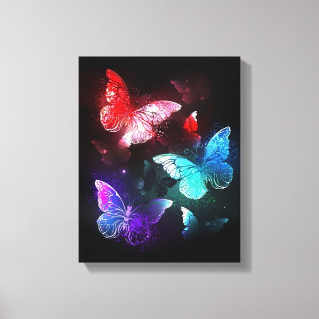 Three Glowing Butterflies on night background Canvas Print (Front)