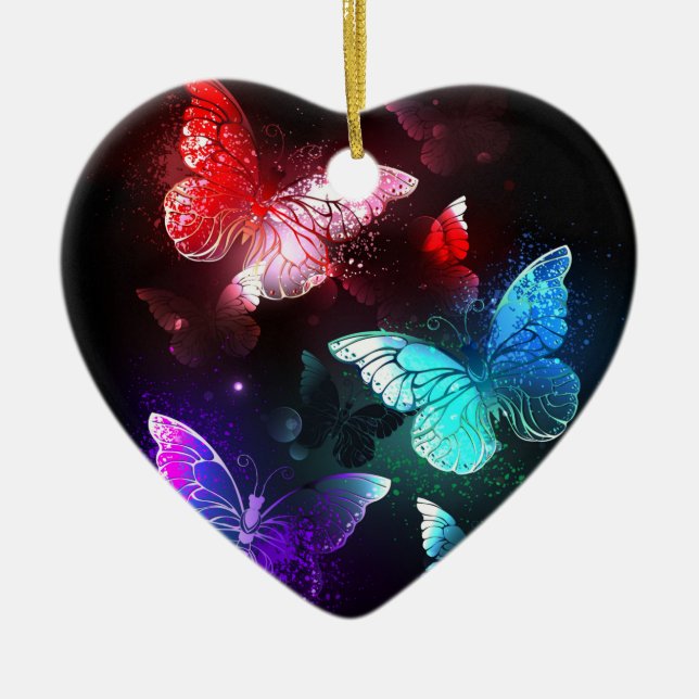 Three Glowing Butterflies on night background Ceramic Ornament (Front)