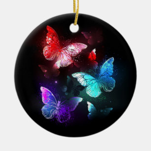 Three Glowing Butterflies on night background Ceramic Ornament