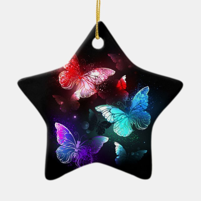 Three Glowing Butterflies on night background Ceramic Ornament (Front)