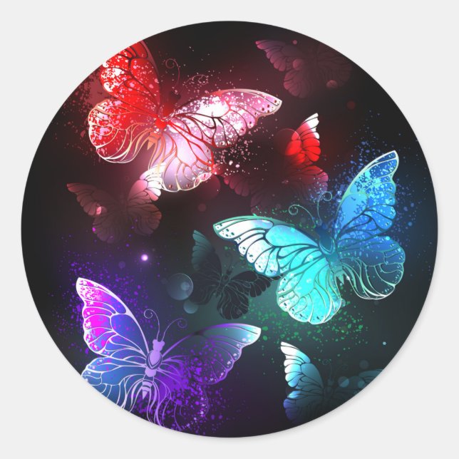 Three Glowing Butterflies on night background Classic Round Sticker (Front)