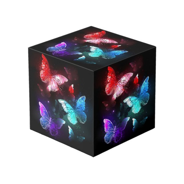 Three Glowing Butterflies on night background Cube (Front Angled)