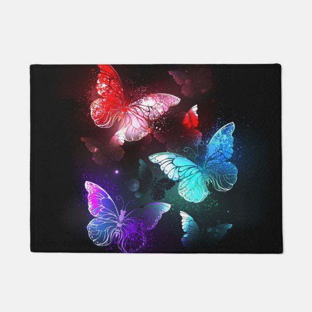 Three Glowing Butterflies on night background Doormat (Front)