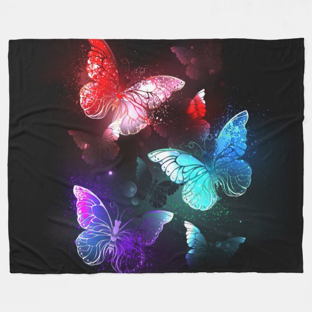 Three Glowing Butterflies on night background Fleece Blanket (Front (Horizontal))