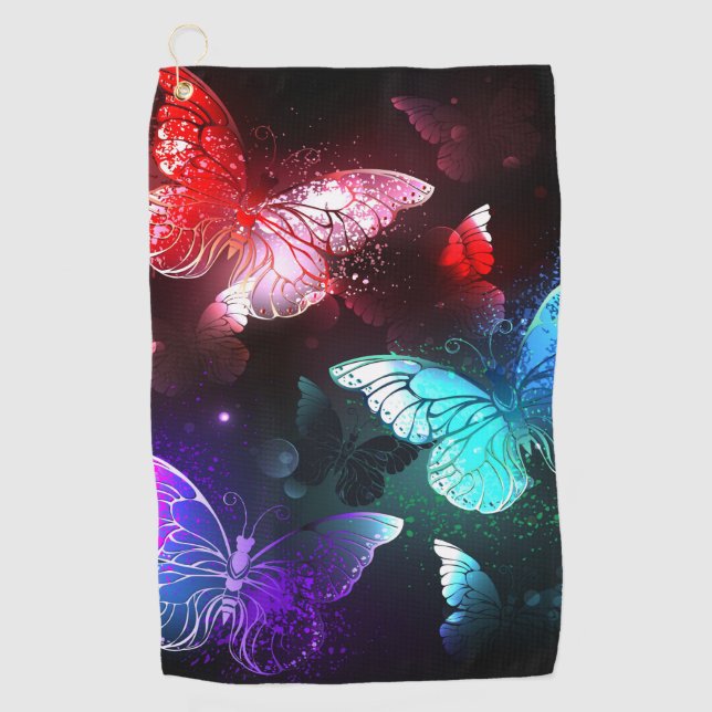 Three Glowing Butterflies on night background Golf Towel (Front)