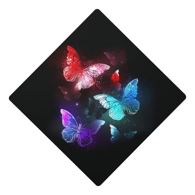 Three Glowing Butterflies on night background Graduation Cap Topper (Front)