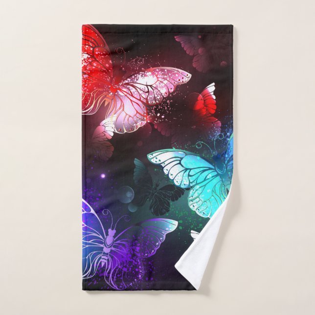 Three Glowing Butterflies on night background Hand Towel (Hand Towel)