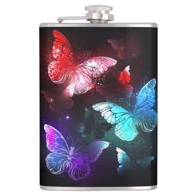 Three Glowing Butterflies on night background Hip Flask (Front)