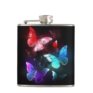 Three Glowing Butterflies on night background Hip Flask