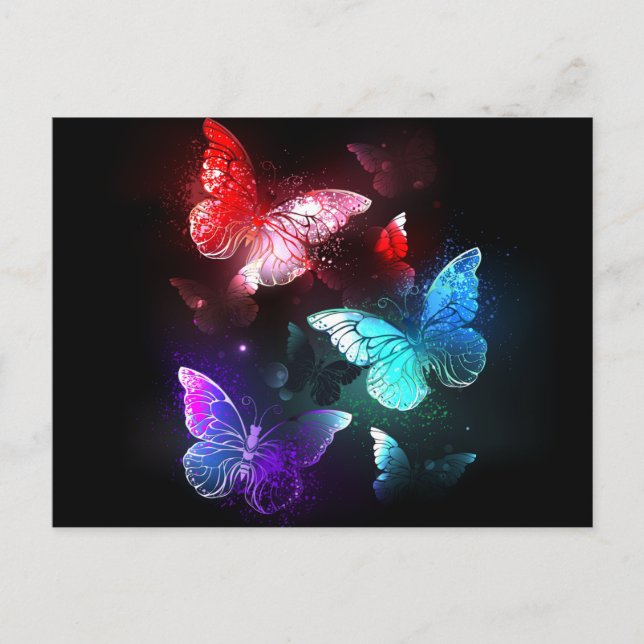 Three Glowing Butterflies on night background Holiday Postcard (Front)