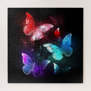 Three Glowing Butterflies on night background Jigsaw Puzzle