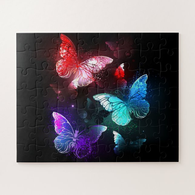 Three Glowing Butterflies on night background Jigsaw Puzzle (Horizontal)