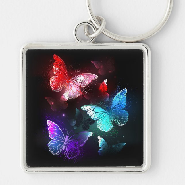 Three Glowing Butterflies on night background Keychain (Front)