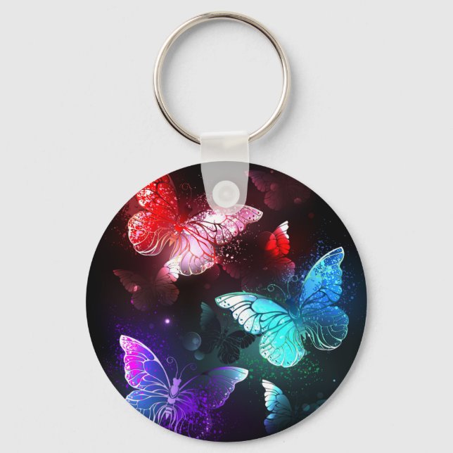 Three Glowing Butterflies on night background Keychain (Front)