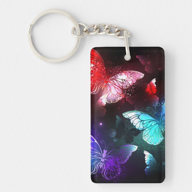 Three Glowing Butterflies on night background Keychain (Front)
