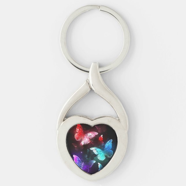 Three Glowing Butterflies on night background Keychain (Front)