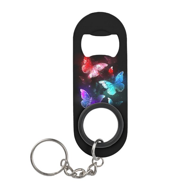 Three Glowing Butterflies on night background Keychain Bottle Opener (Front)