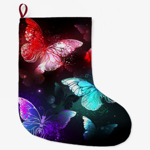 Three Glowing Butterflies on night background Large Christmas Stocking