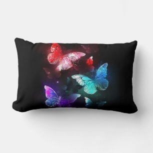 Three Glowing Butterflies on night background Lumbar Pillow