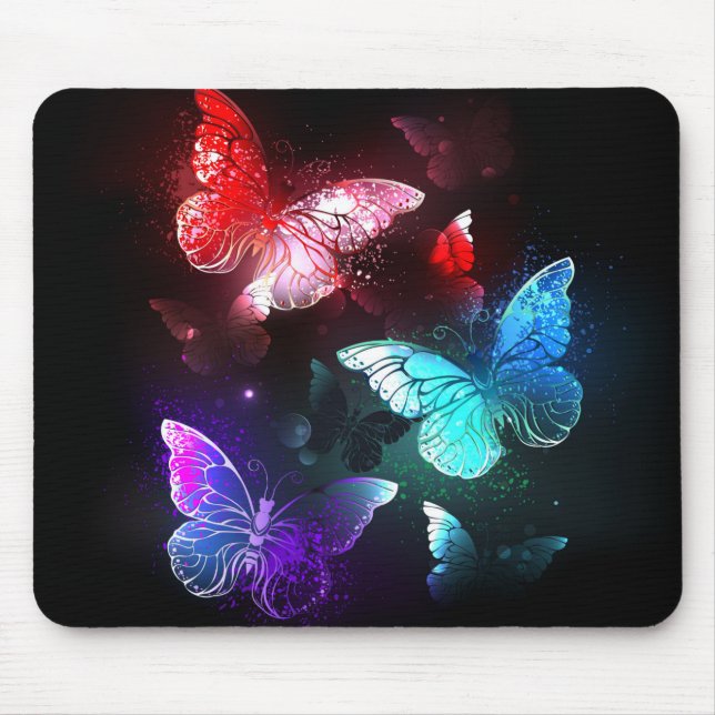 Three Glowing Butterflies on night background Mouse Pad (Front)